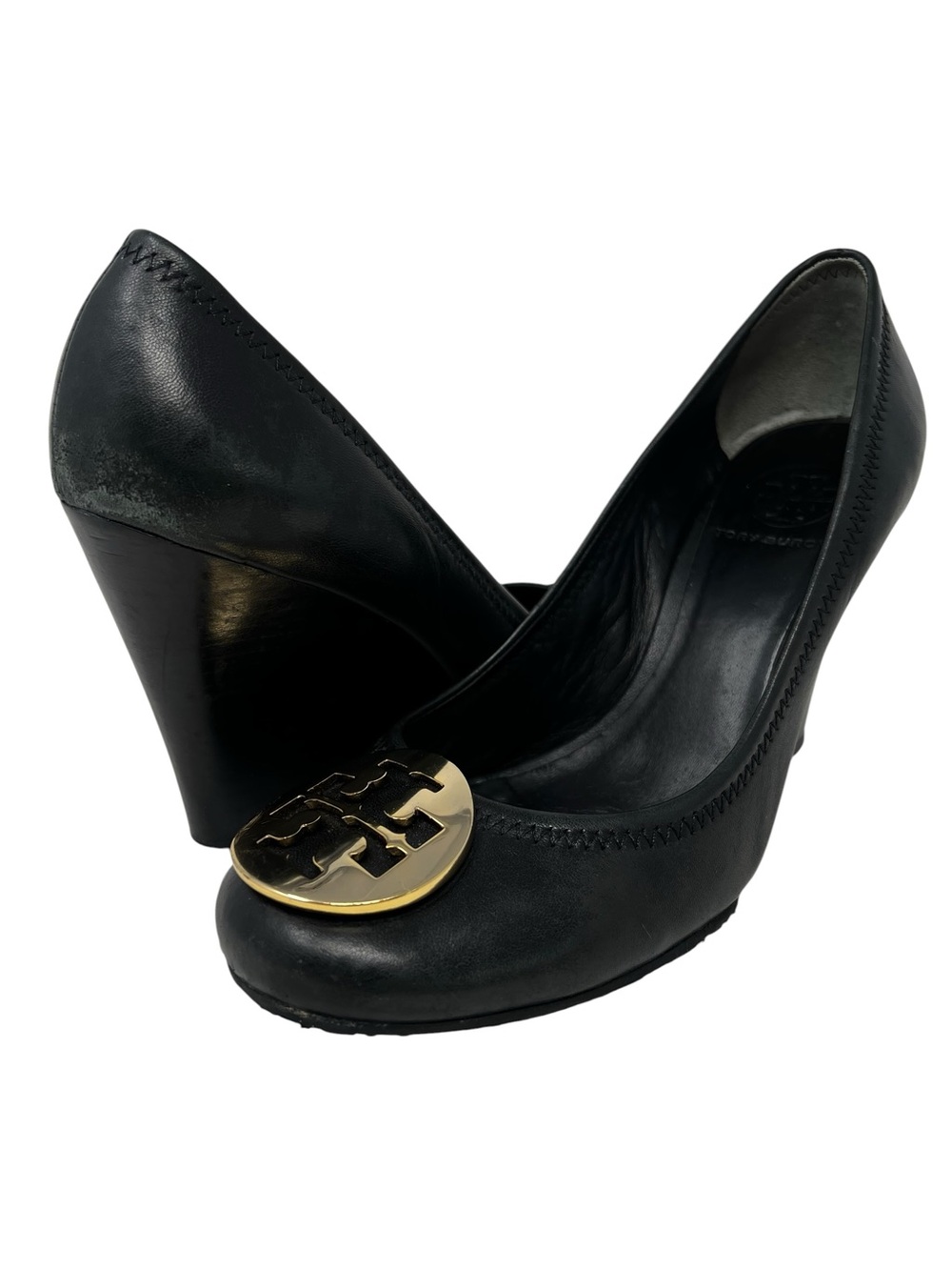 Tory Burch Black Leather Wedge Pumps with Gold Logo Disc